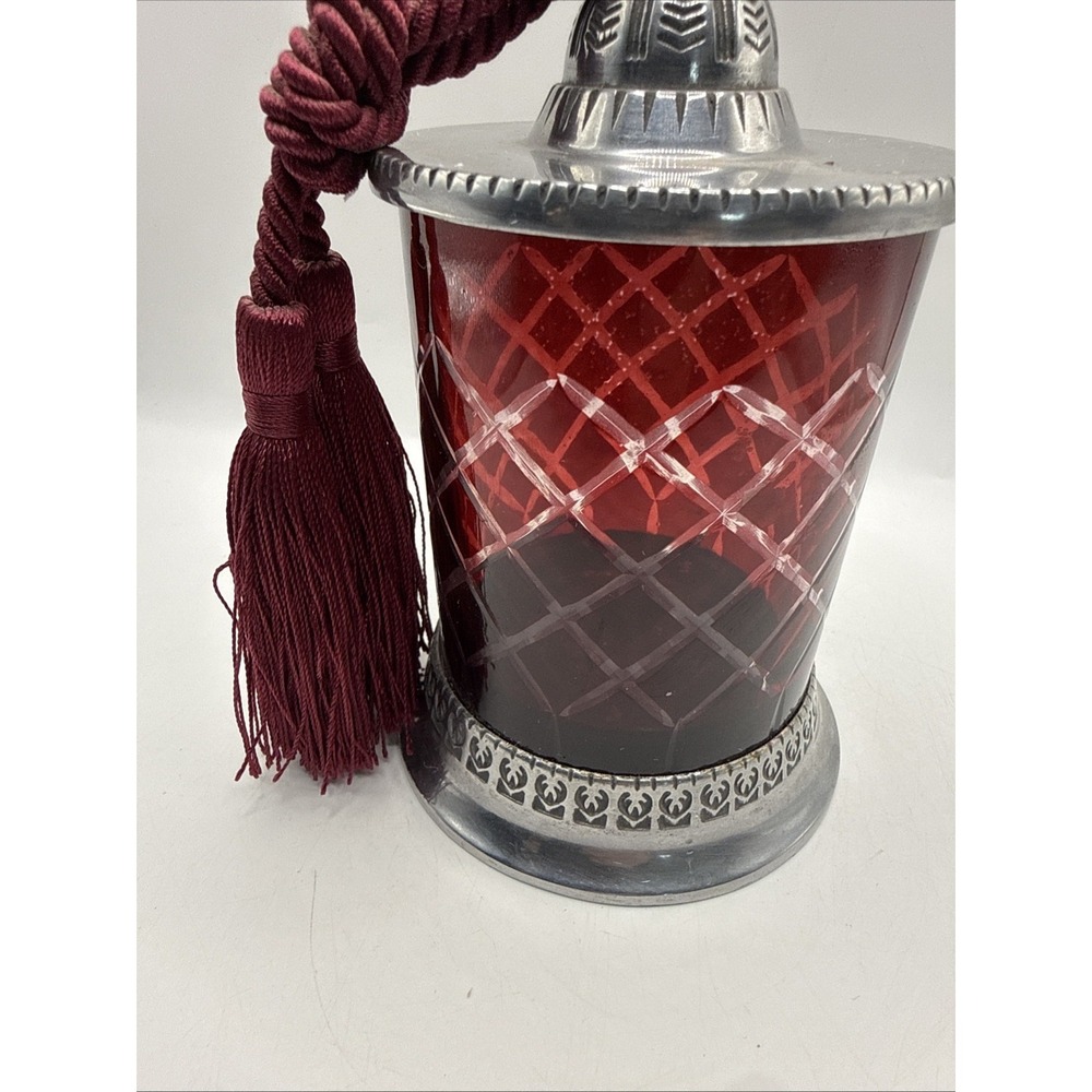 Vintage Hand Cut Crystal Candle Holder with Red Tassel Silver Top And Base - Picture 4 of 12
